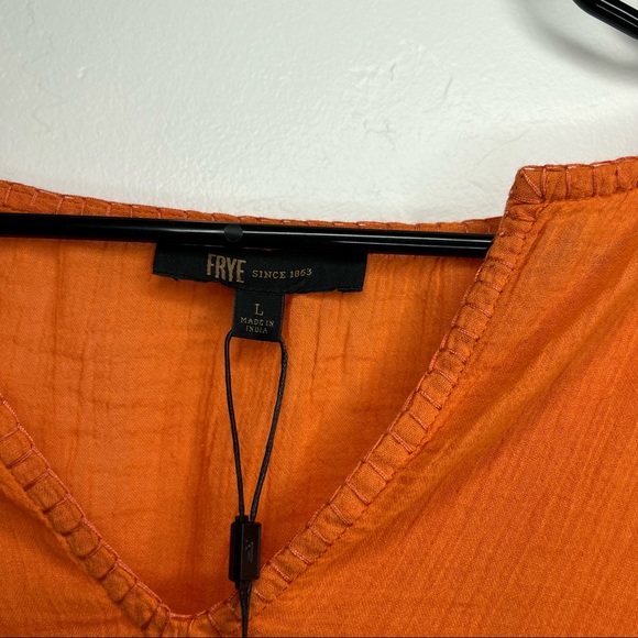 NWT Frye Womens Top Size Large Split Neck Smocked Waist Short Sleeve Orange Rust - Picture 6 of 12